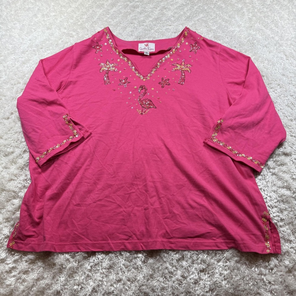 Quacker Factory Womens 3X Flamingo Palm Tree Sequin Beach Tunic Summer Blouse